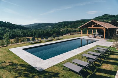 Piscine privative & son pool-house comprenant salon de jardin et cuisine d'été.