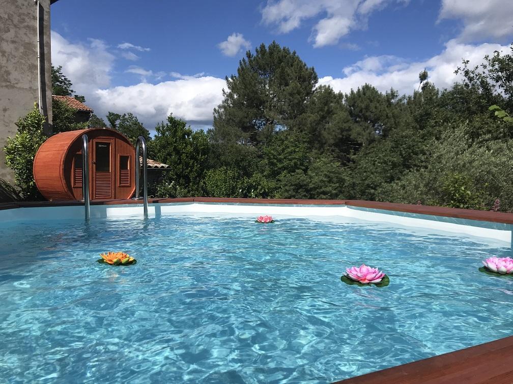 la piscine et ses nénuphars + le sauna